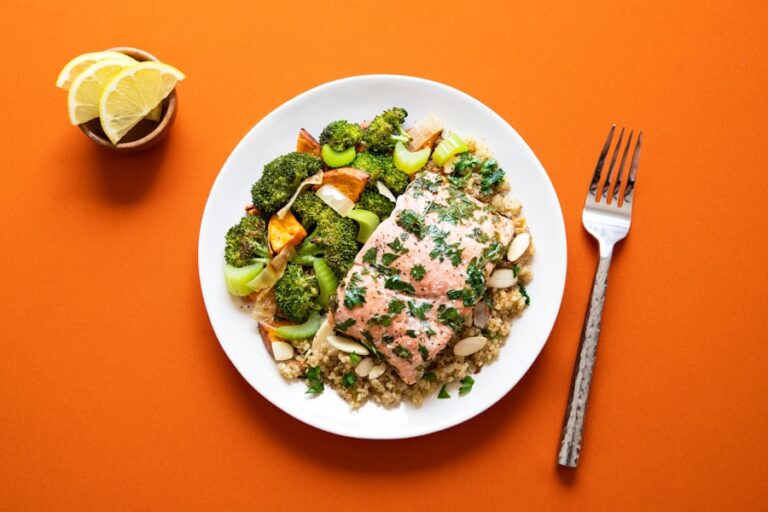 Plato de salmón con verduras y una guarnición de quinoa